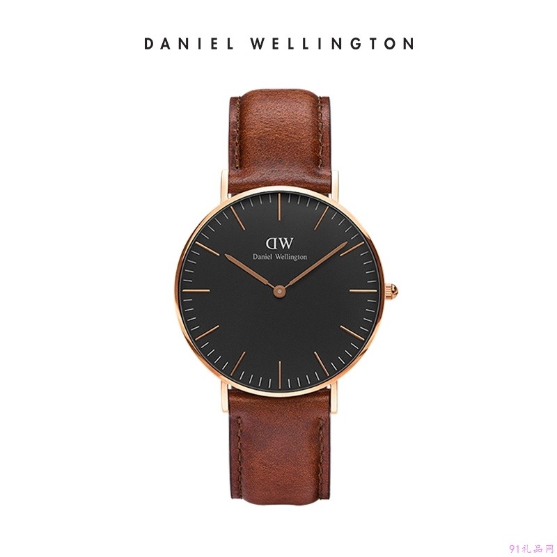 丹尼尔惠灵顿（DanielWellington）手表DW女表36mm黑表盘金色边皮带超薄女士石英表DW00100136